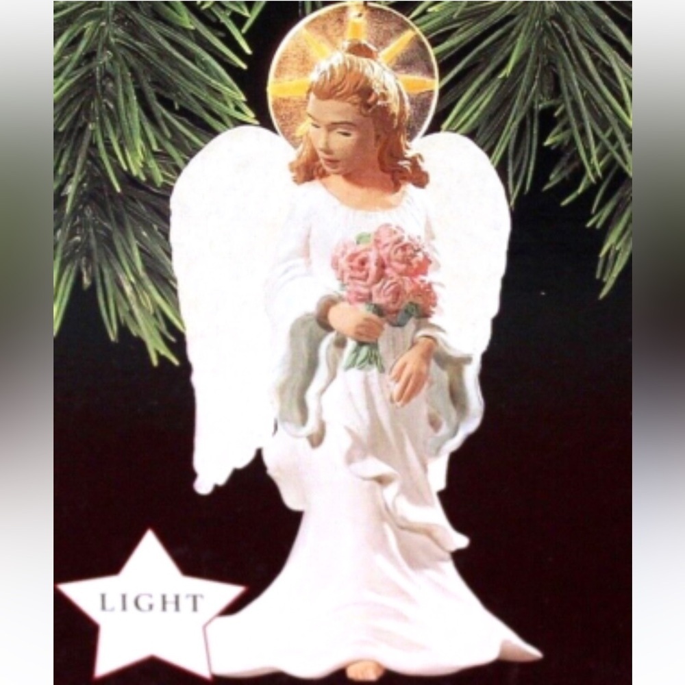 KEEPSAKE the Label Glowing Angel Ornament with White Wings and Pink Roses 1997